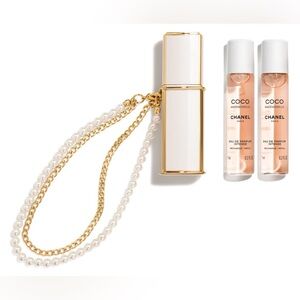 CHANEL Coco Mademoiselle Travel Set: 3 Parfum purse spray and pearl wristlet